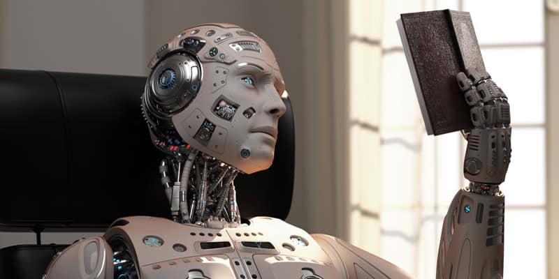 Detailed Futuristic robot or cyborg reading a book while sitting